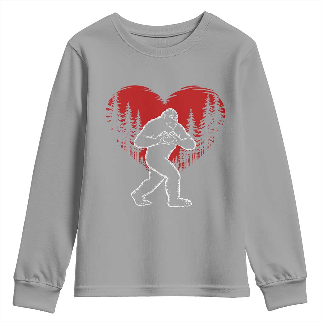 Funny Valentine Bigfoot in Love Heart Hand Sign Youth Sweatshirt Romantic Sasquatch in Forest Valentines Day