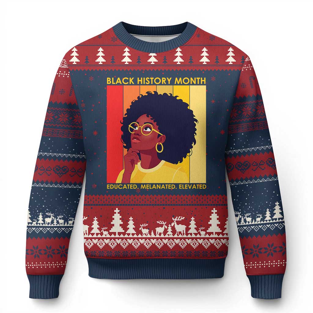 Black History Month Afro Woman Ugly Christmas Sweater Educated Melanated Elevated African American Empowerment