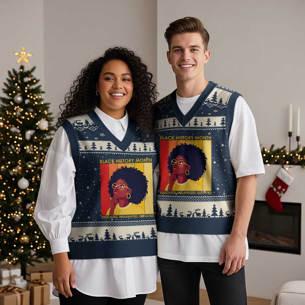 Black History Month Afro Woman V-Neck Knit Sweater Vest Educated Melanated Elevated African American Empowerment