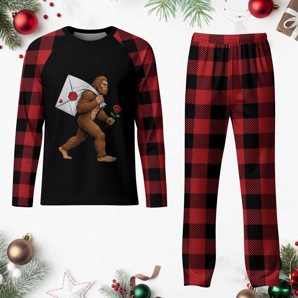 Funny Valentine Bigfoot with Heart Sack Bag Plaid Pajama Set Romantic Sasquatch Love Letter Valentines Day