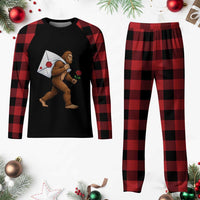 Funny Valentine Bigfoot with Heart Sack Bag Plaid Pajama Set Romantic Sasquatch Love Letter Valentines Day