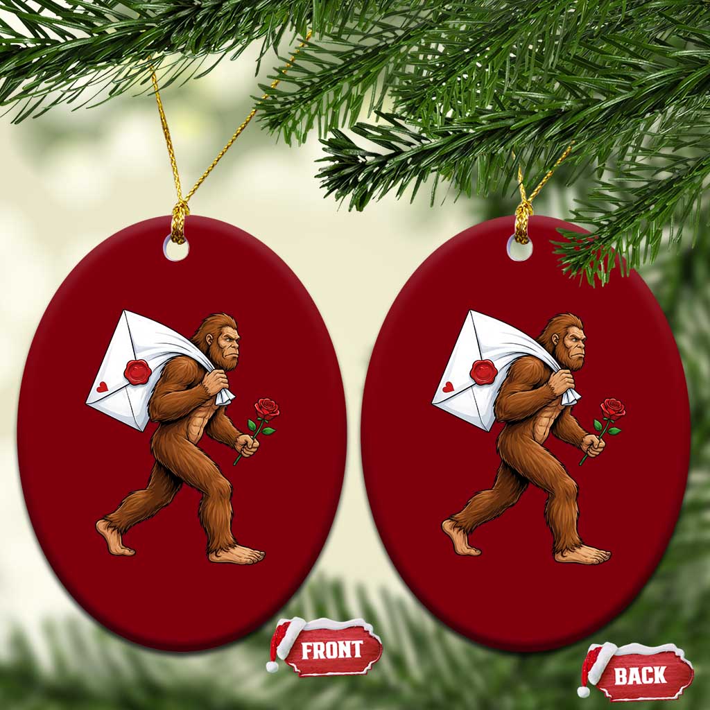 Funny Valentine Bigfoot with Heart Sack Bag Ceramic Ornament Romantic Sasquatch Love Letter Valentines Day
