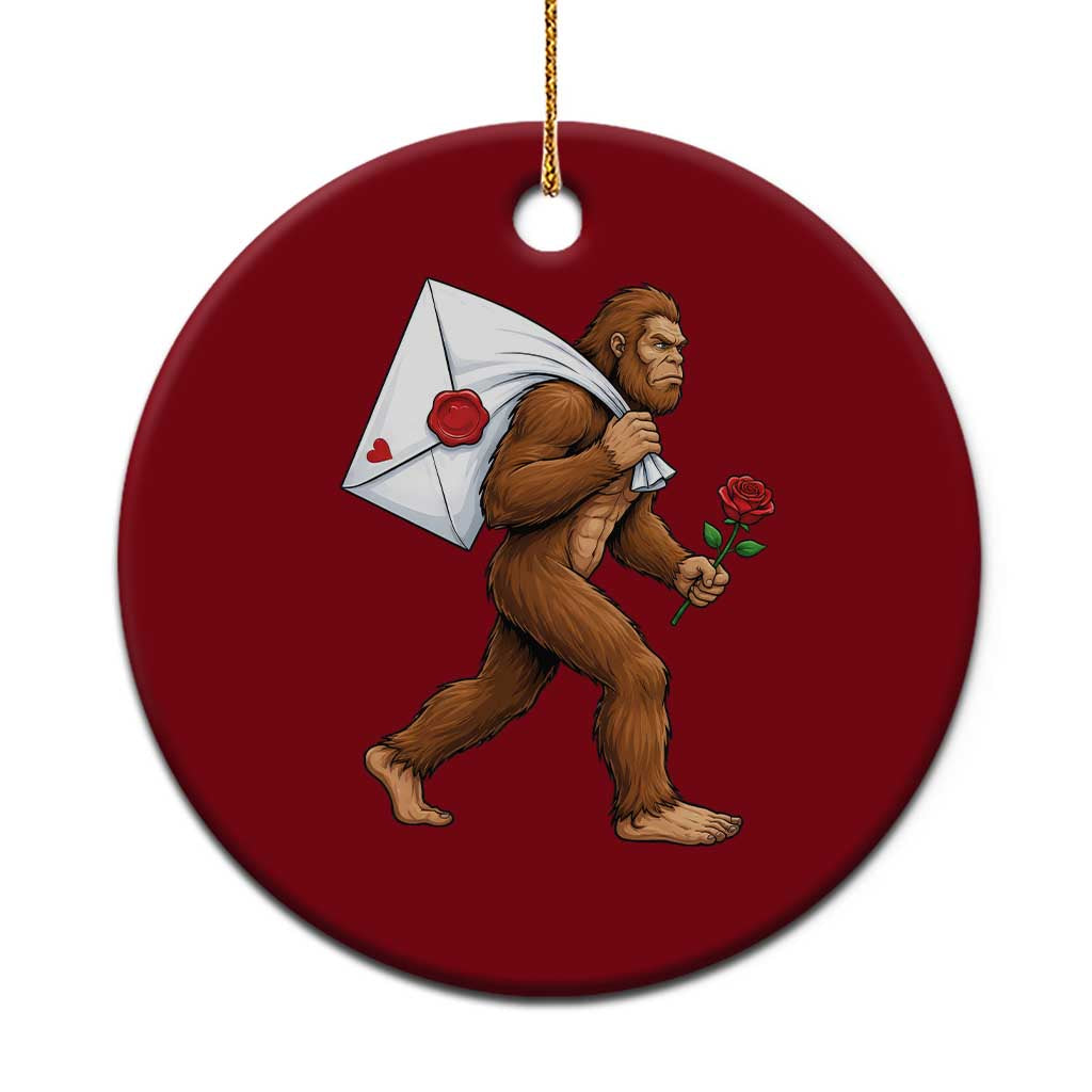 Funny Valentine Bigfoot with Heart Sack Bag Ceramic Ornament Romantic Sasquatch Love Letter Valentines Day