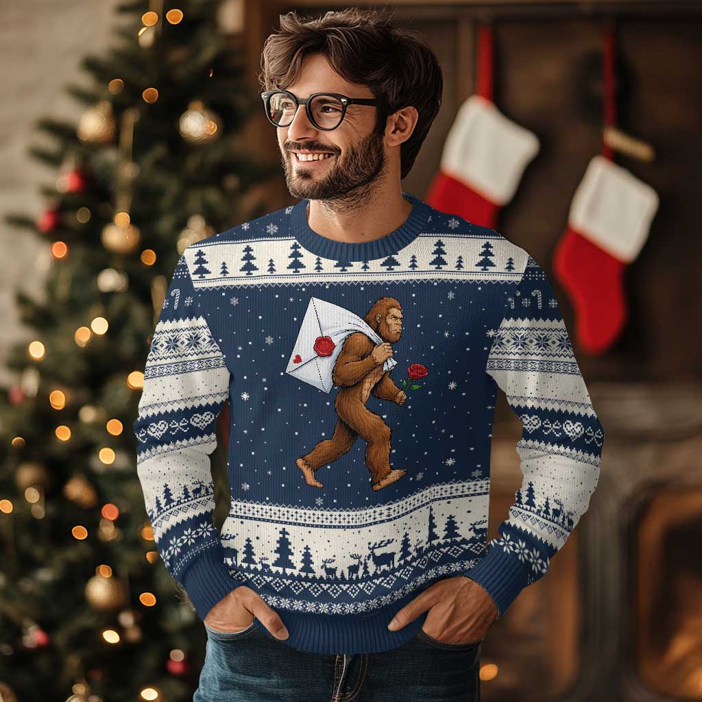 Funny Valentine Bigfoot with Heart Sack Bag Ugly Christmas Sweater Romantic Sasquatch Love Letter Valentines Day