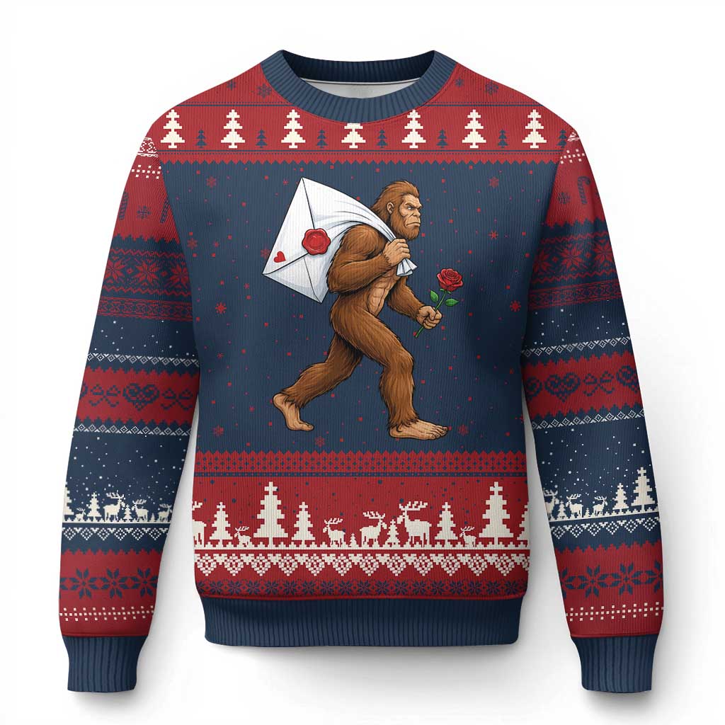 Funny Valentine Bigfoot with Heart Sack Bag Ugly Christmas Sweater Romantic Sasquatch Love Letter Valentines Day
