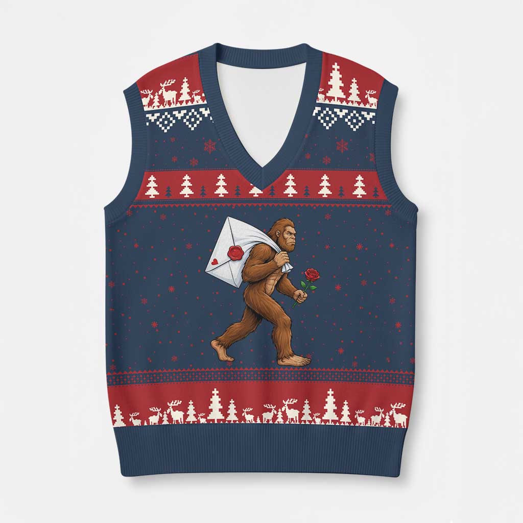 Funny Valentine Bigfoot with Heart Sack Bag V-Neck Knit Sweater Vest Romantic Sasquatch Love Letter Valentines Day