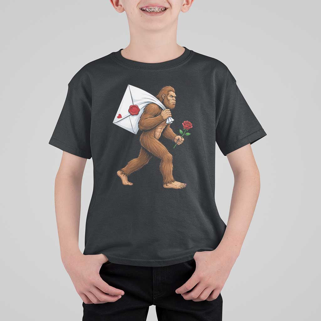 Funny Valentine Bigfoot with Heart Sack Bag T Shirt For Kid Romantic Sasquatch Love Letter Valentines Day
