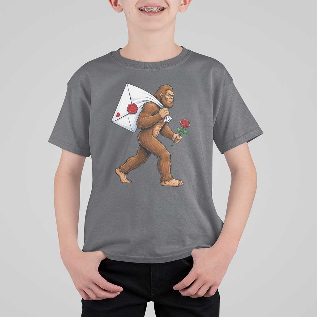 Funny Valentine Bigfoot with Heart Sack Bag T Shirt For Kid Romantic Sasquatch Love Letter Valentines Day