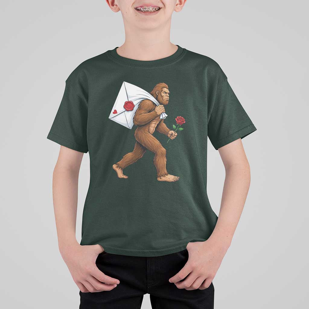 Funny Valentine Bigfoot with Heart Sack Bag T Shirt For Kid Romantic Sasquatch Love Letter Valentines Day
