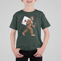 Funny Valentine Bigfoot with Heart Sack Bag T Shirt For Kid Romantic Sasquatch Love Letter Valentines Day