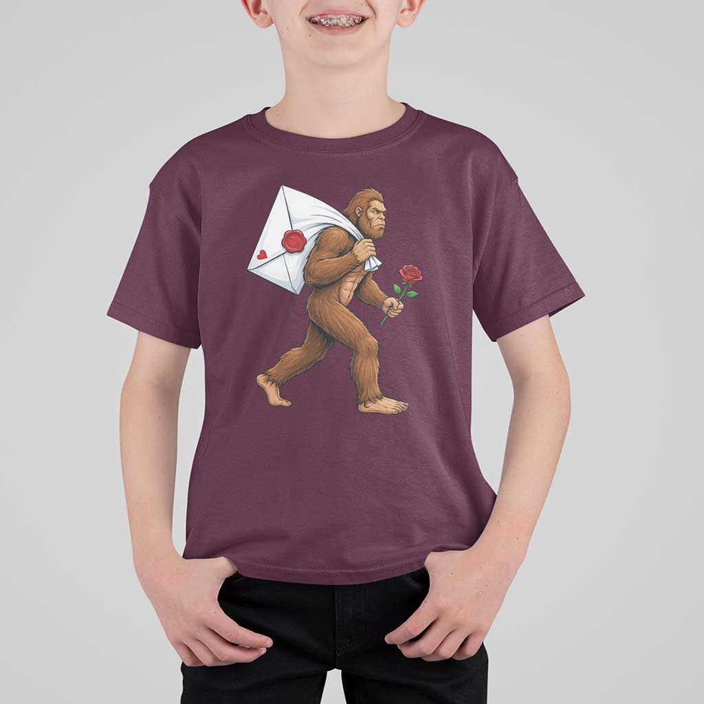 Funny Valentine Bigfoot with Heart Sack Bag T Shirt For Kid Romantic Sasquatch Love Letter Valentines Day