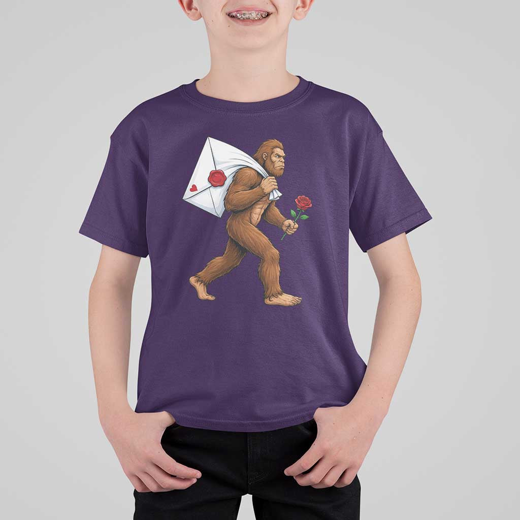 Funny Valentine Bigfoot with Heart Sack Bag T Shirt For Kid Romantic Sasquatch Love Letter Valentines Day