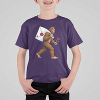 Funny Valentine Bigfoot with Heart Sack Bag T Shirt For Kid Romantic Sasquatch Love Letter Valentines Day