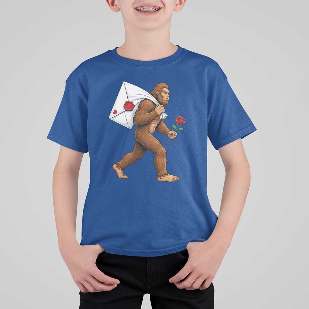 Funny Valentine Bigfoot with Heart Sack Bag T Shirt For Kid Romantic Sasquatch Love Letter Valentines Day