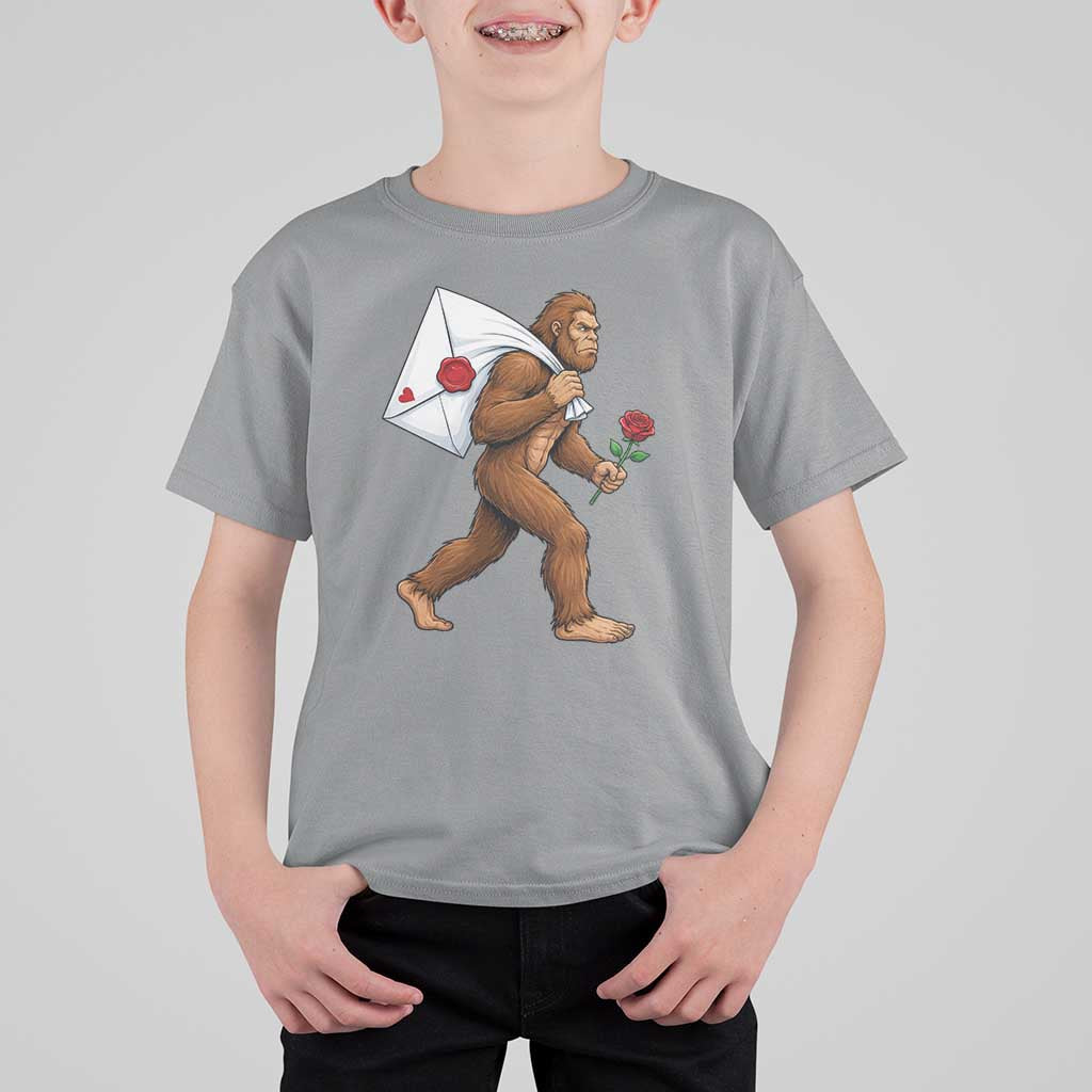 Funny Valentine Bigfoot with Heart Sack Bag T Shirt For Kid Romantic Sasquatch Love Letter Valentines Day