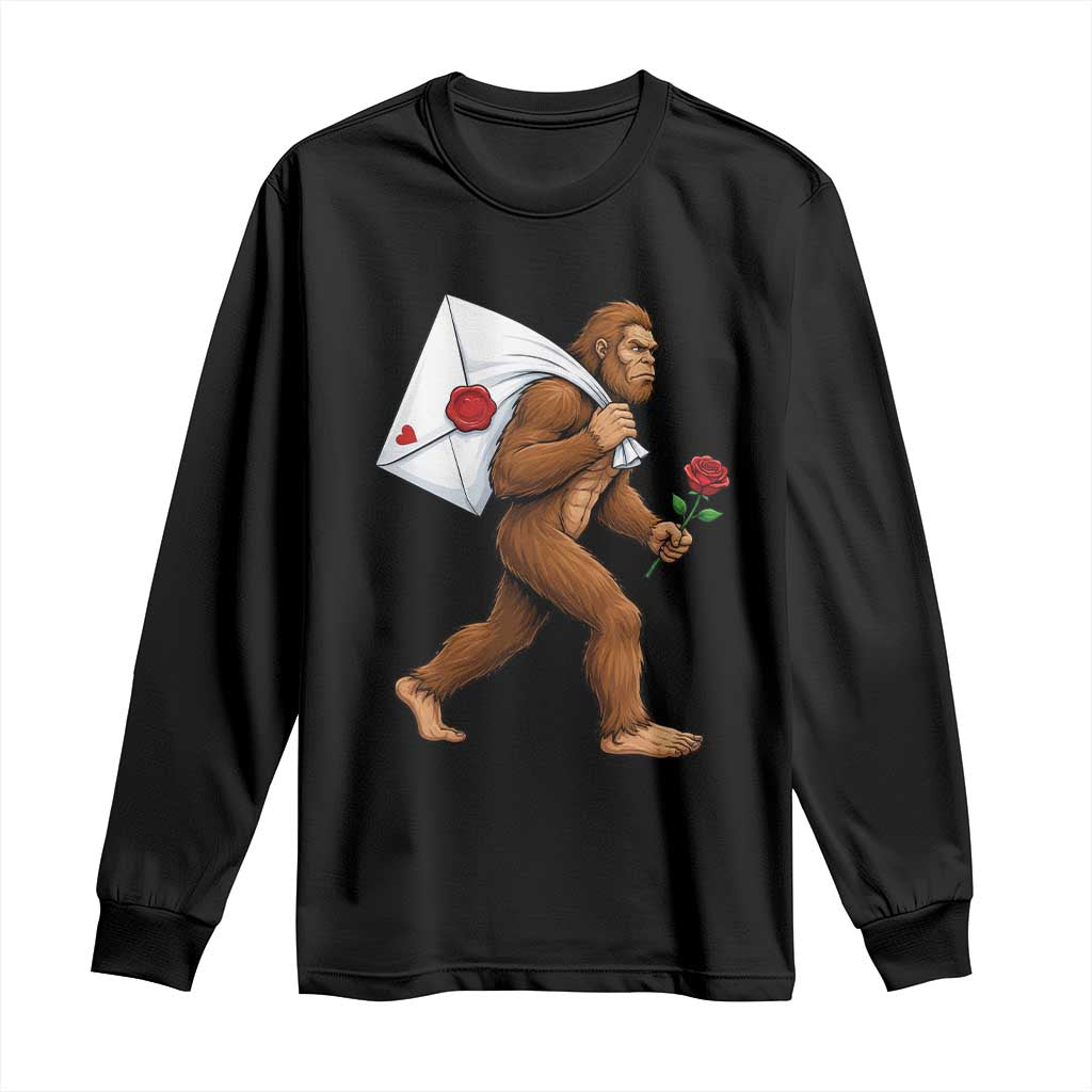 Funny Valentine Bigfoot with Heart Sack Bag Long Sleeve Shirt Romantic Sasquatch Love Letter Valentines Day