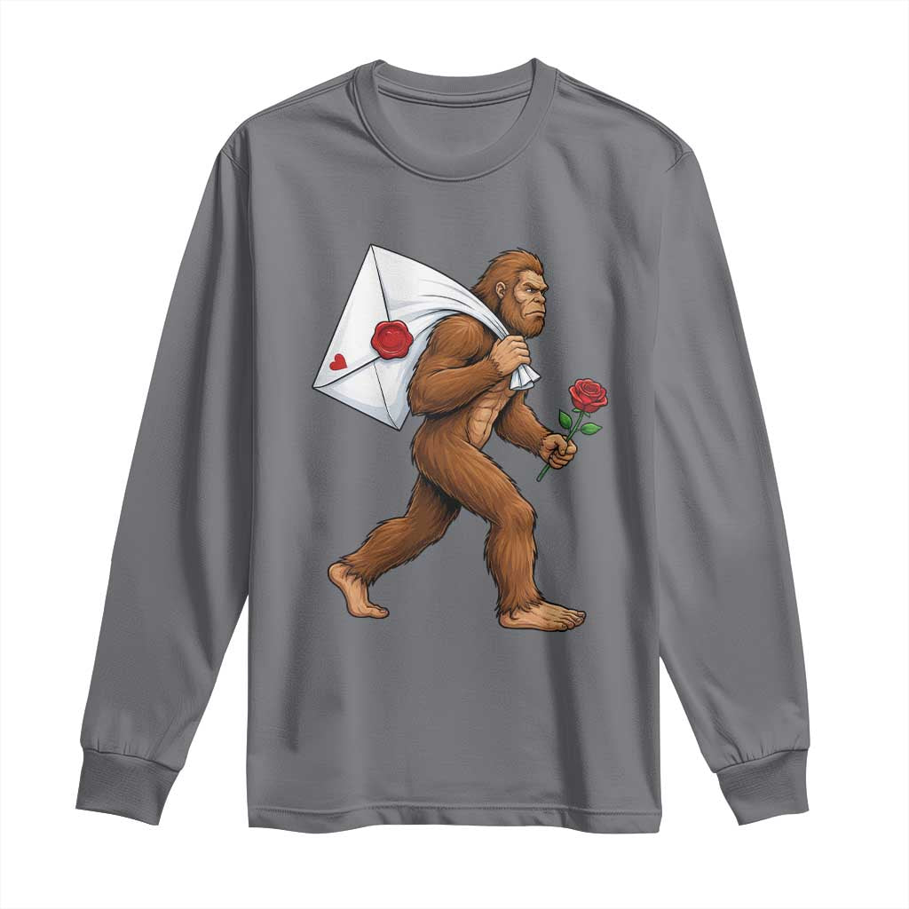 Funny Valentine Bigfoot with Heart Sack Bag Long Sleeve Shirt Romantic Sasquatch Love Letter Valentines Day