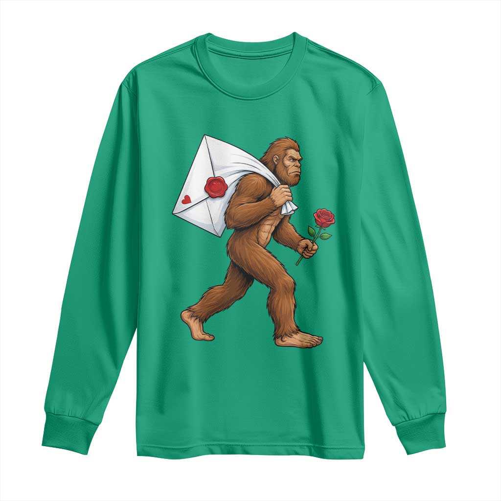 Funny Valentine Bigfoot with Heart Sack Bag Long Sleeve Shirt Romantic Sasquatch Love Letter Valentines Day
