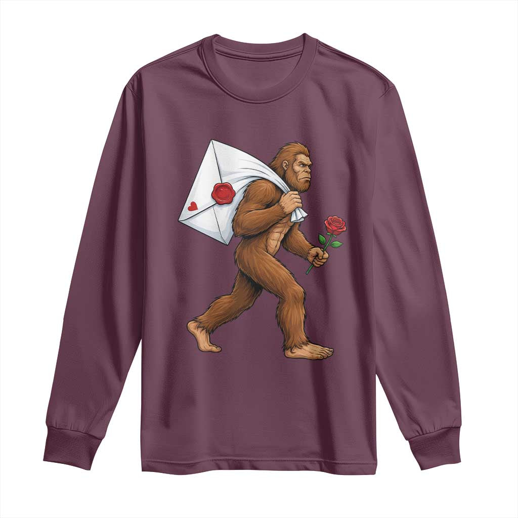Funny Valentine Bigfoot with Heart Sack Bag Long Sleeve Shirt Romantic Sasquatch Love Letter Valentines Day