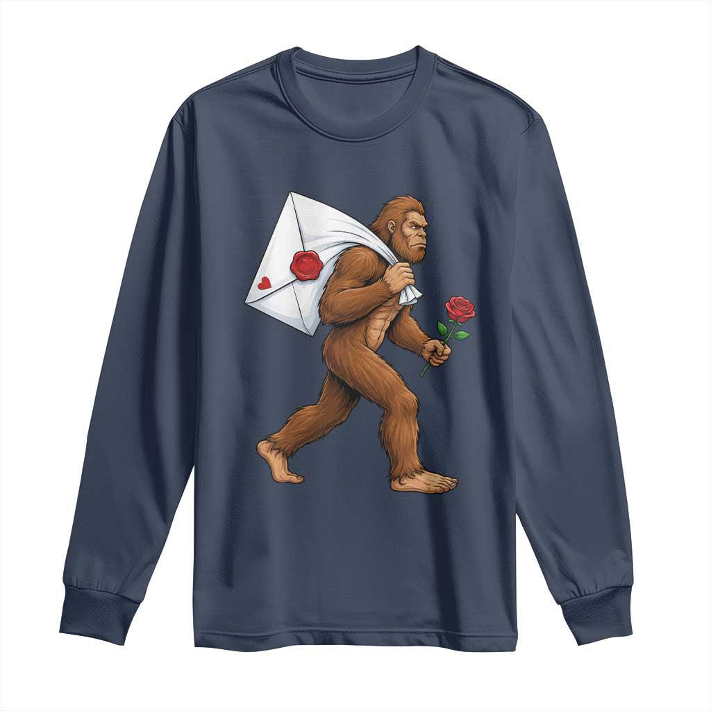 Funny Valentine Bigfoot with Heart Sack Bag Long Sleeve Shirt Romantic Sasquatch Love Letter Valentines Day