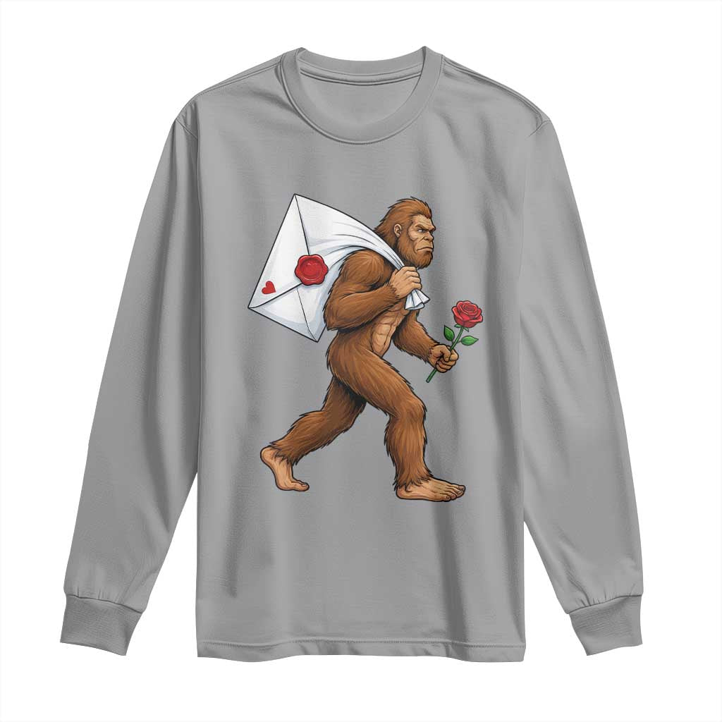 Funny Valentine Bigfoot with Heart Sack Bag Long Sleeve Shirt Romantic Sasquatch Love Letter Valentines Day