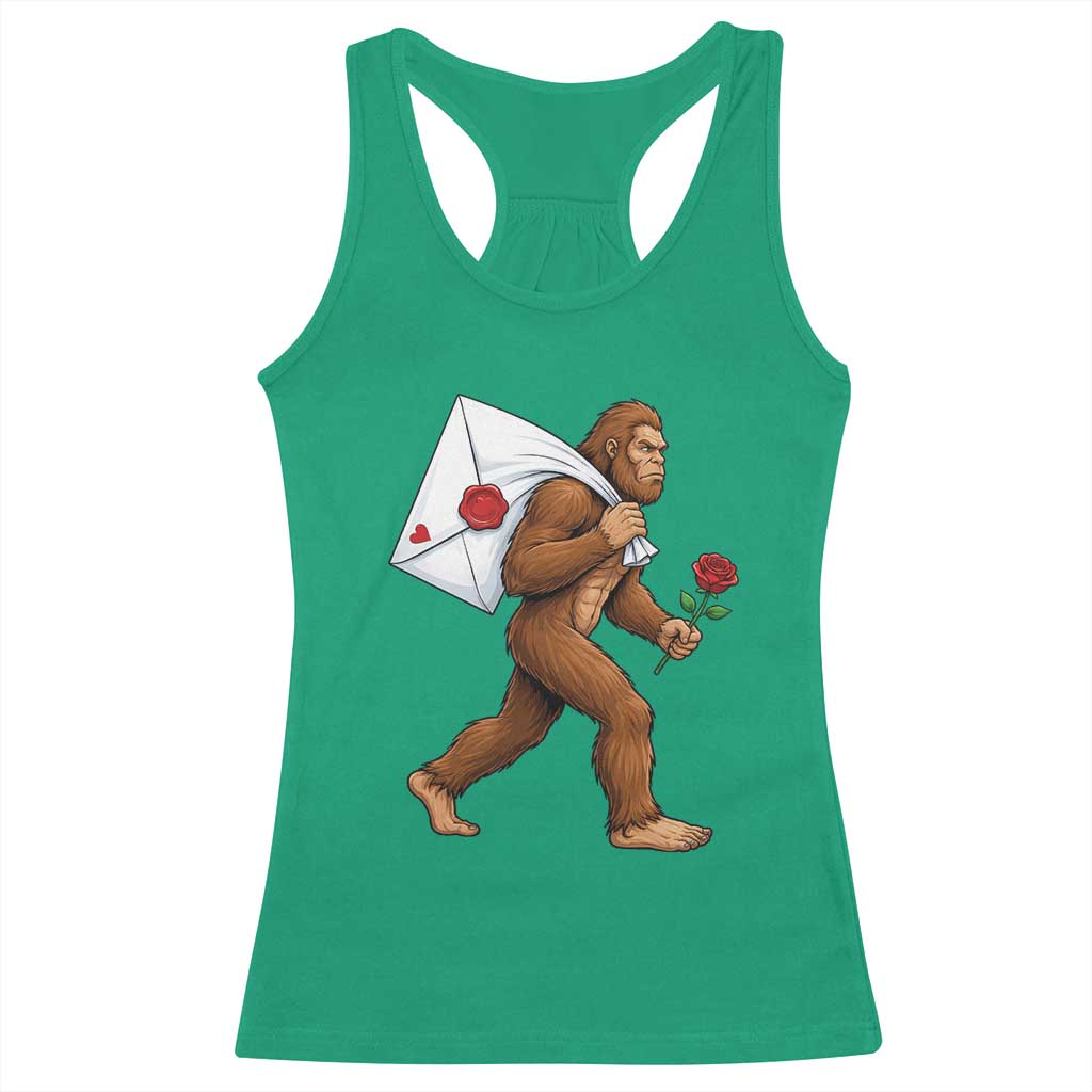 Funny Valentine Bigfoot with Heart Sack Bag Racerback Tank Top Romantic Sasquatch Love Letter Valentines Day
