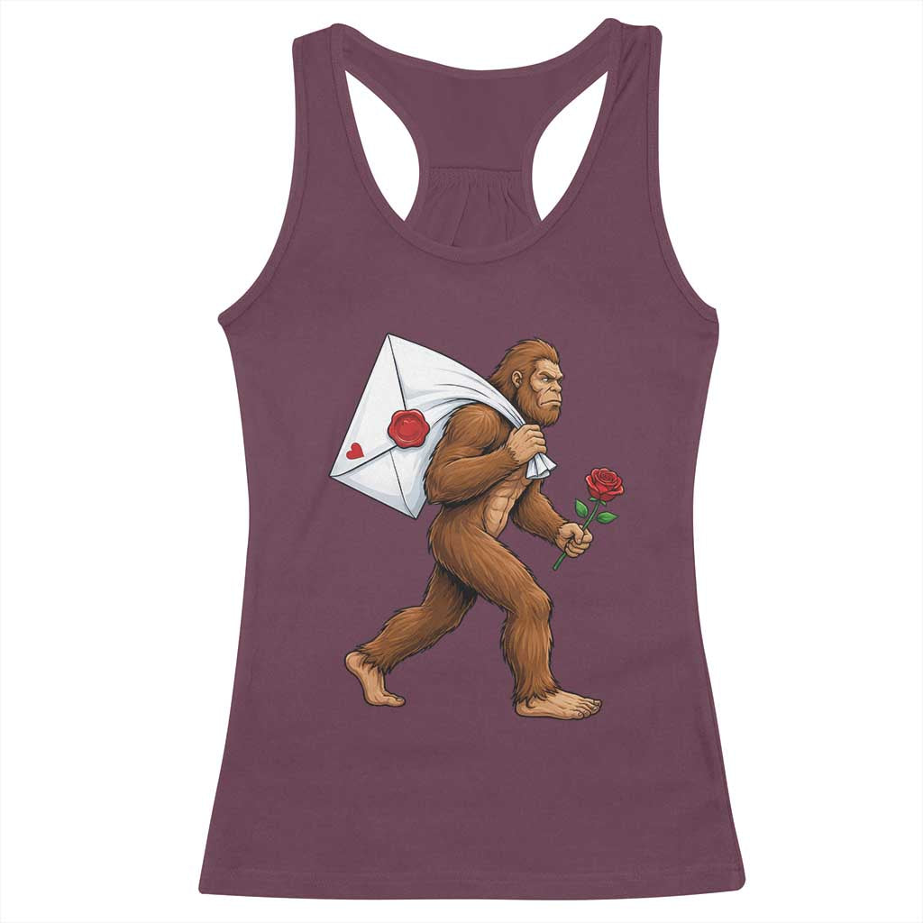 Funny Valentine Bigfoot with Heart Sack Bag Racerback Tank Top Romantic Sasquatch Love Letter Valentines Day