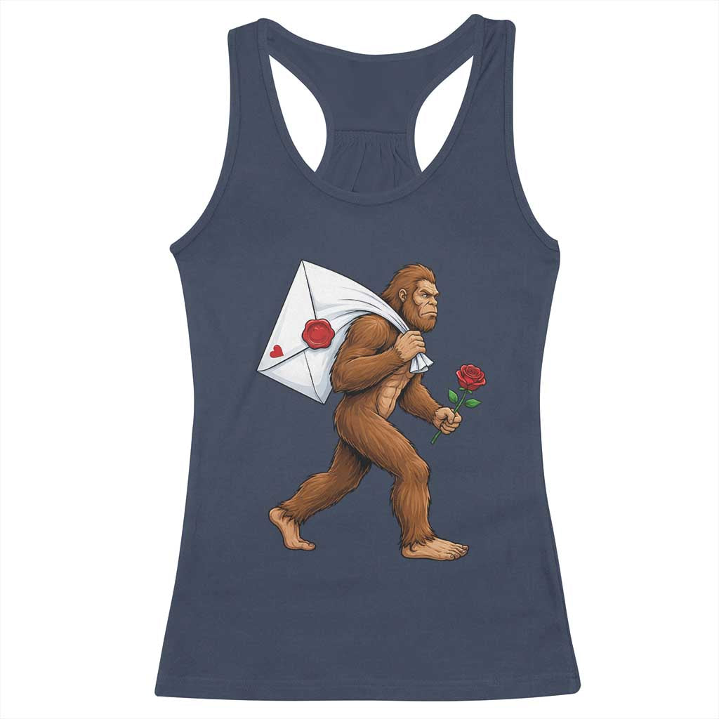 Funny Valentine Bigfoot with Heart Sack Bag Racerback Tank Top Romantic Sasquatch Love Letter Valentines Day