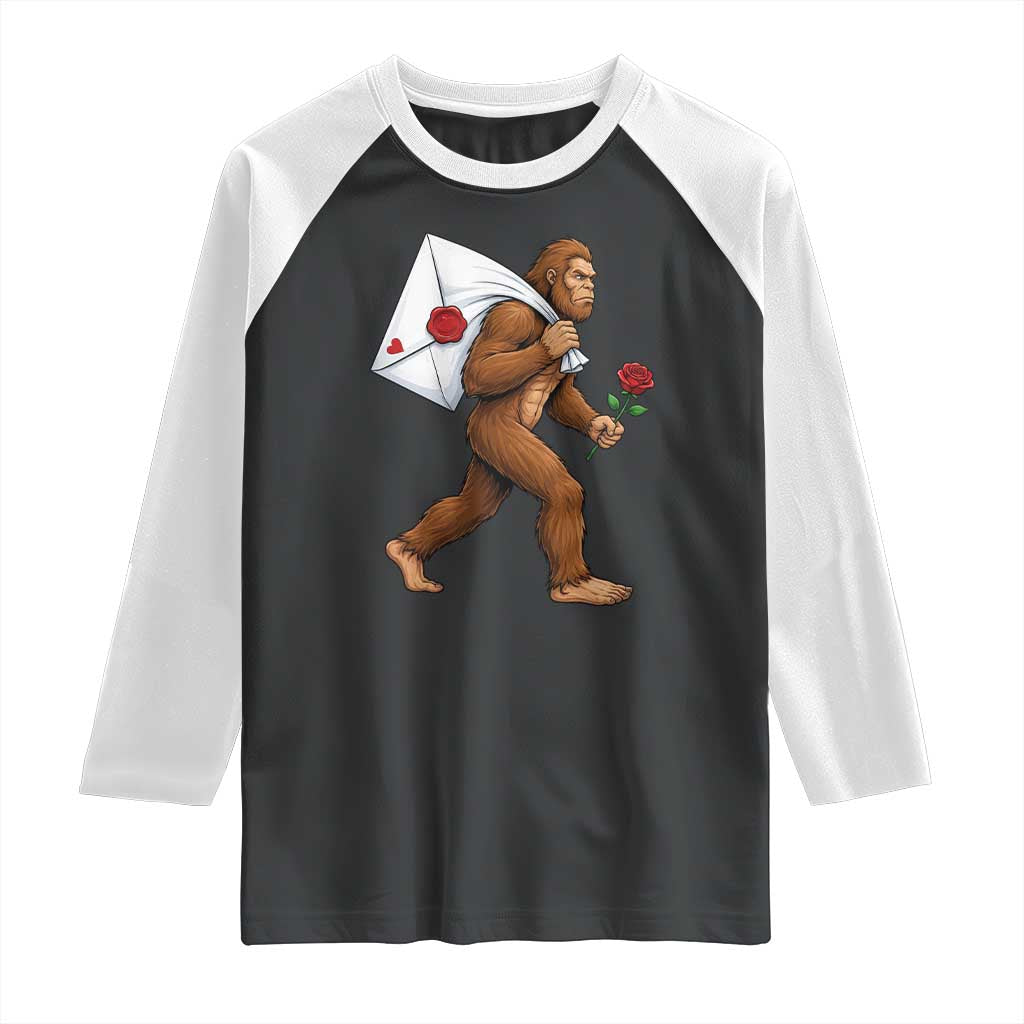Funny Valentine Bigfoot with Heart Sack Bag Raglan Shirt Romantic Sasquatch Love Letter Valentines Day