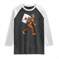 Funny Valentine Bigfoot with Heart Sack Bag Raglan Shirt Romantic Sasquatch Love Letter Valentines Day