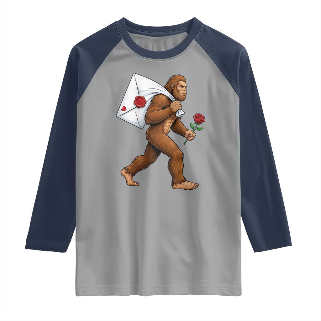Funny Valentine Bigfoot with Heart Sack Bag Raglan Shirt Romantic Sasquatch Love Letter Valentines Day