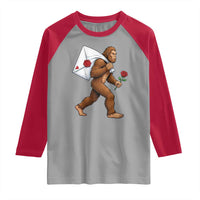 Funny Valentine Bigfoot with Heart Sack Bag Raglan Shirt Romantic Sasquatch Love Letter Valentines Day