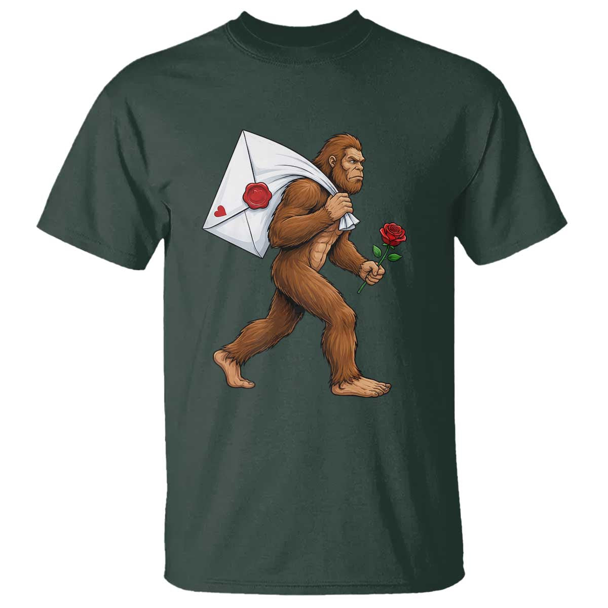 Funny Valentine Bigfoot with Heart Sack Bag T Shirt Romantic Sasquatch Love Letter Valentines Day