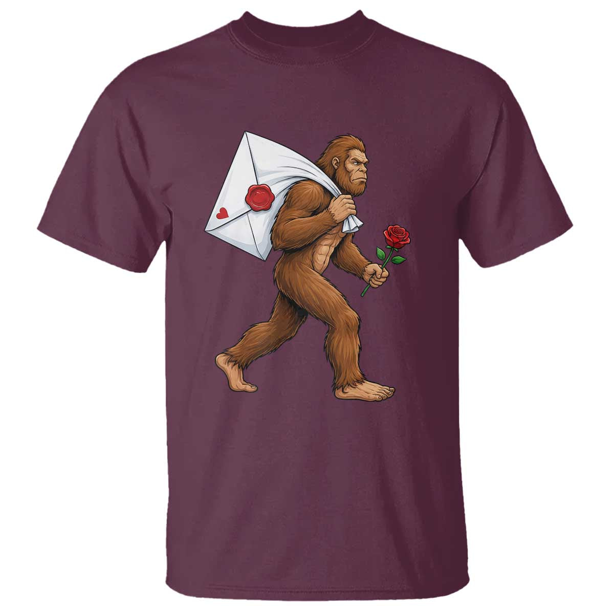 Funny Valentine Bigfoot with Heart Sack Bag T Shirt Romantic Sasquatch Love Letter Valentines Day
