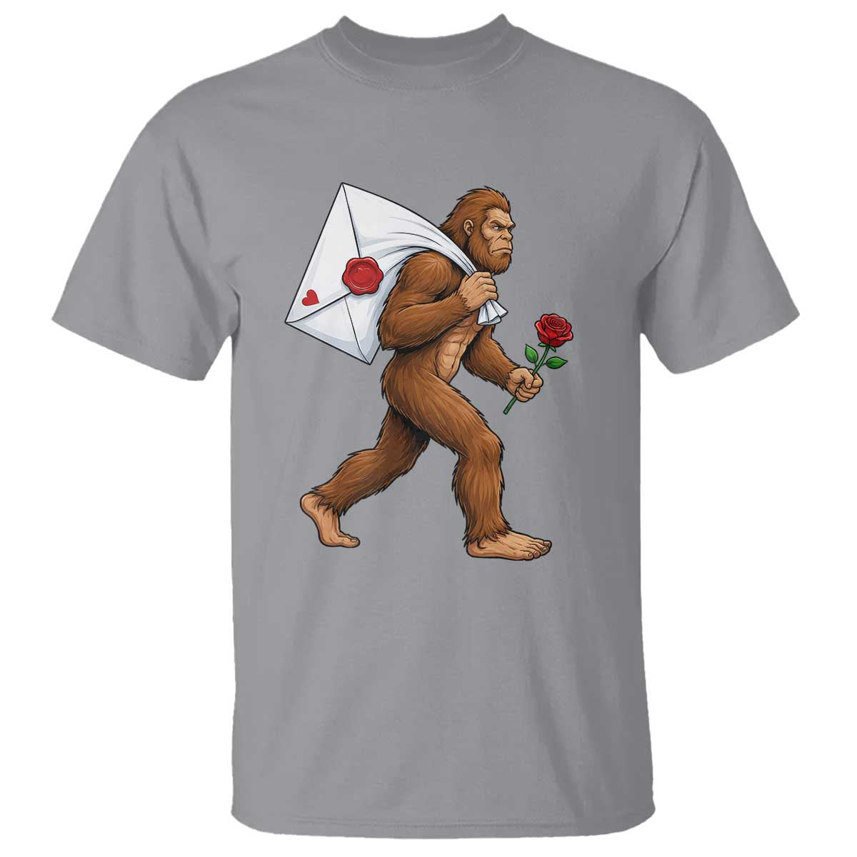 Funny Valentine Bigfoot with Heart Sack Bag T Shirt Romantic Sasquatch Love Letter Valentines Day