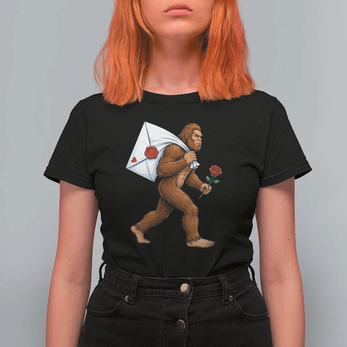 Funny Valentine Bigfoot with Heart Sack Bag T Shirt For Women Romantic Sasquatch Love Letter Valentines Day