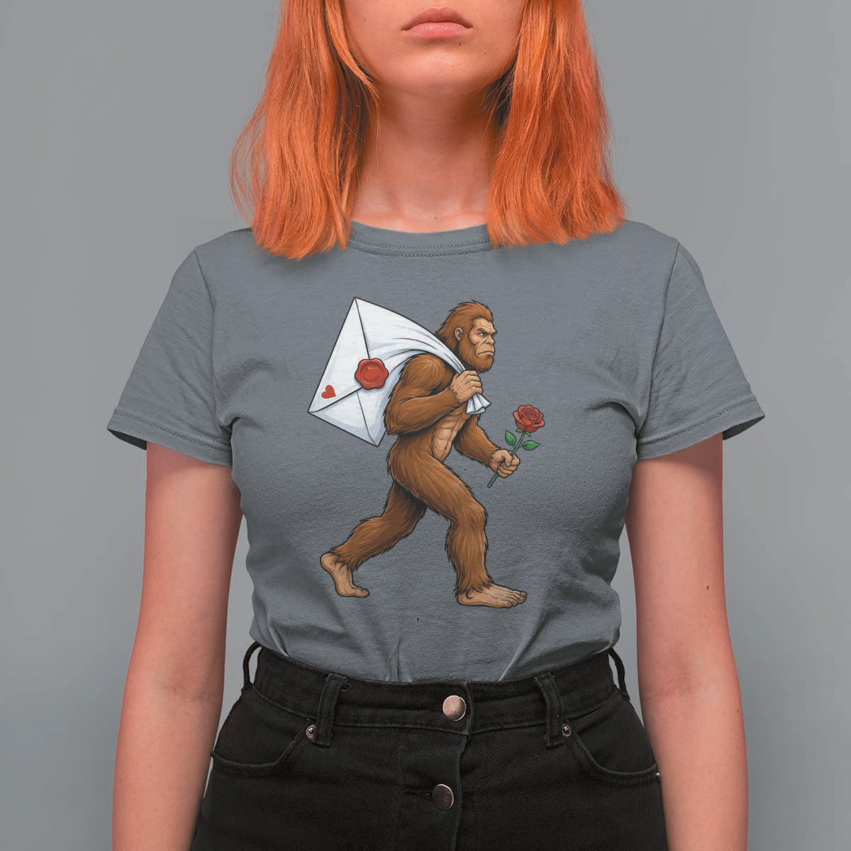 Funny Valentine Bigfoot with Heart Sack Bag T Shirt For Women Romantic Sasquatch Love Letter Valentines Day