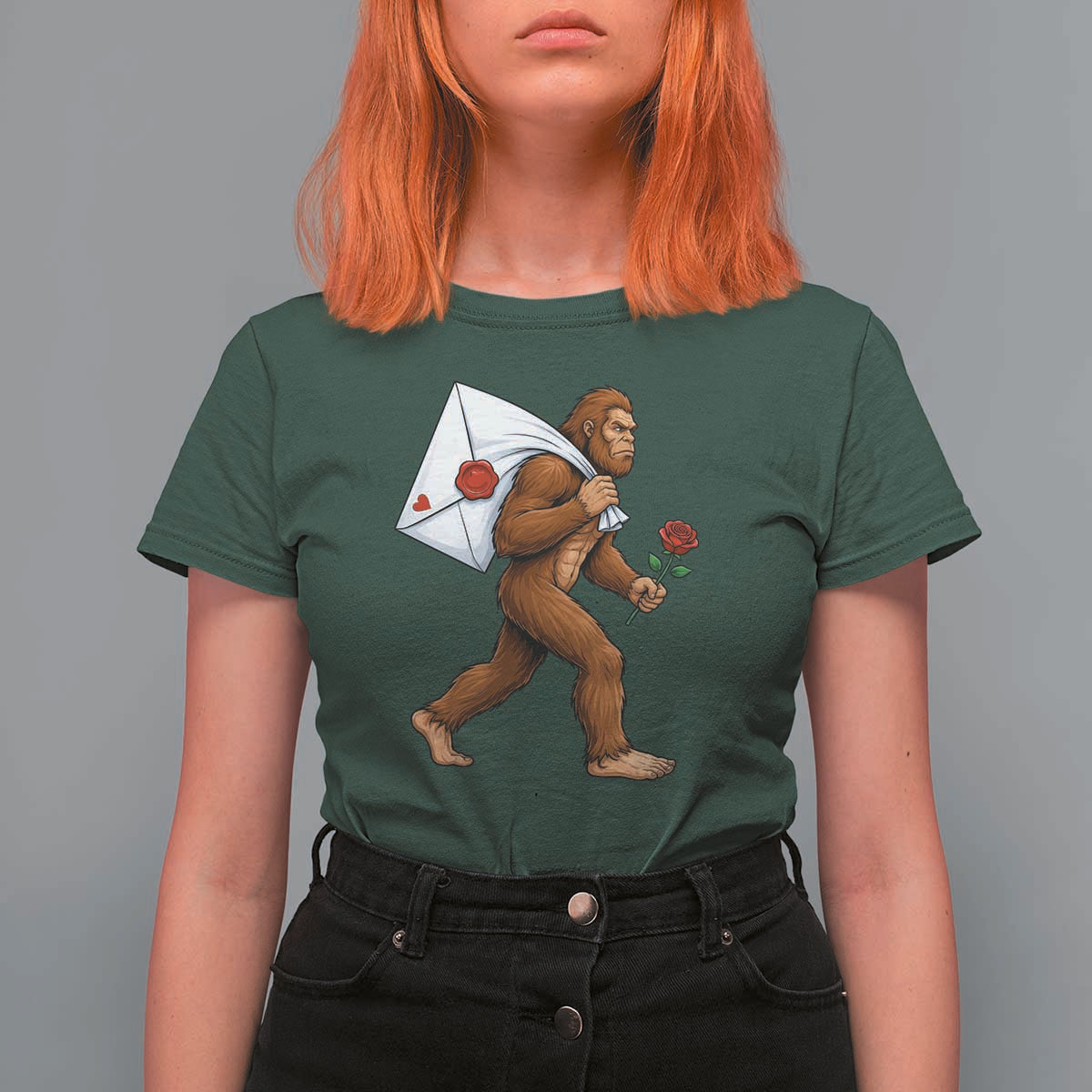 Funny Valentine Bigfoot with Heart Sack Bag T Shirt For Women Romantic Sasquatch Love Letter Valentines Day