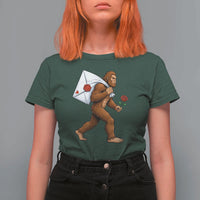 Funny Valentine Bigfoot with Heart Sack Bag T Shirt For Women Romantic Sasquatch Love Letter Valentines Day