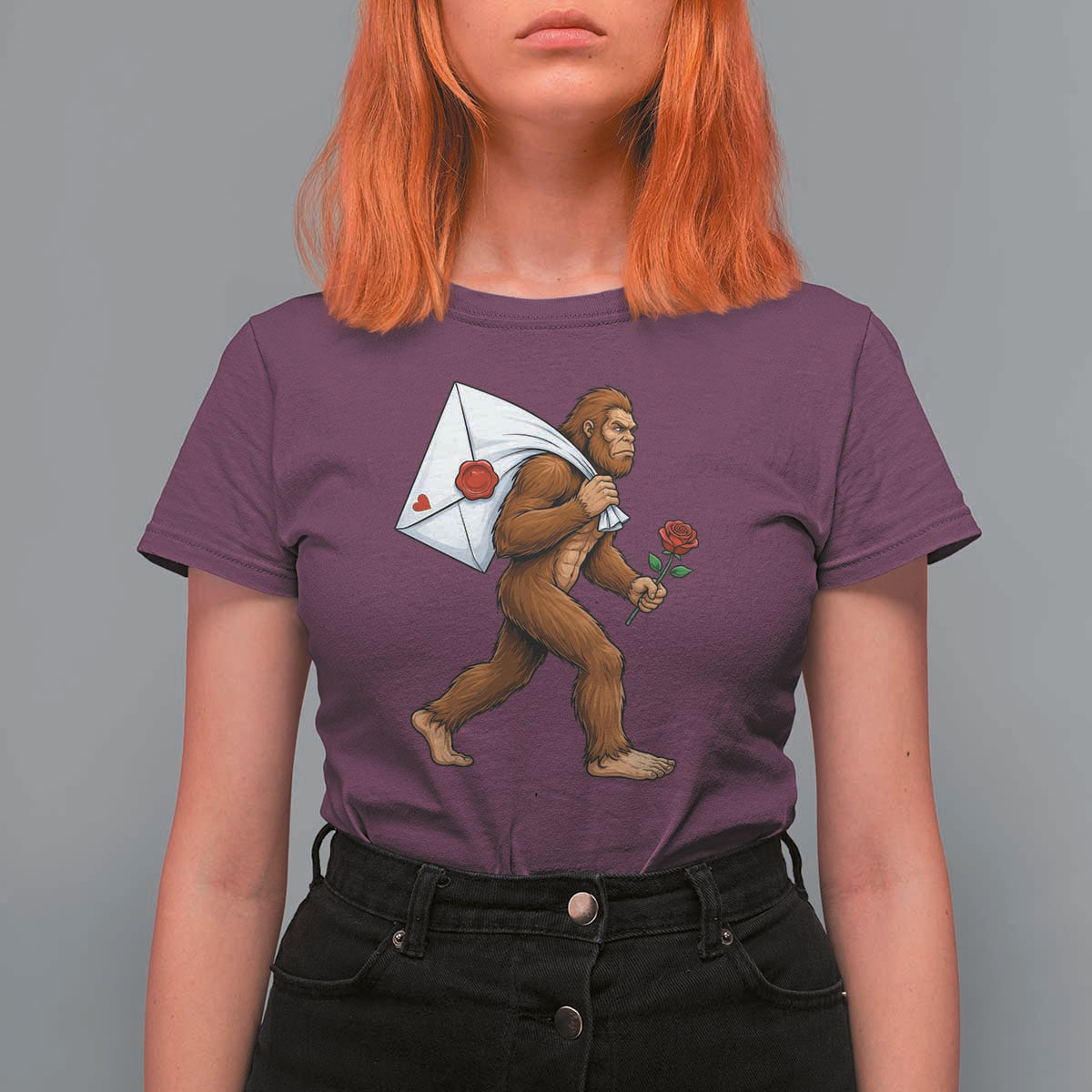 Funny Valentine Bigfoot with Heart Sack Bag T Shirt For Women Romantic Sasquatch Love Letter Valentines Day
