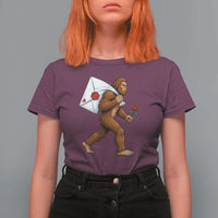 Funny Valentine Bigfoot with Heart Sack Bag T Shirt For Women Romantic Sasquatch Love Letter Valentines Day