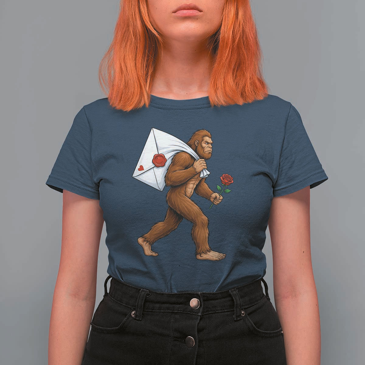 Funny Valentine Bigfoot with Heart Sack Bag T Shirt For Women Romantic Sasquatch Love Letter Valentines Day