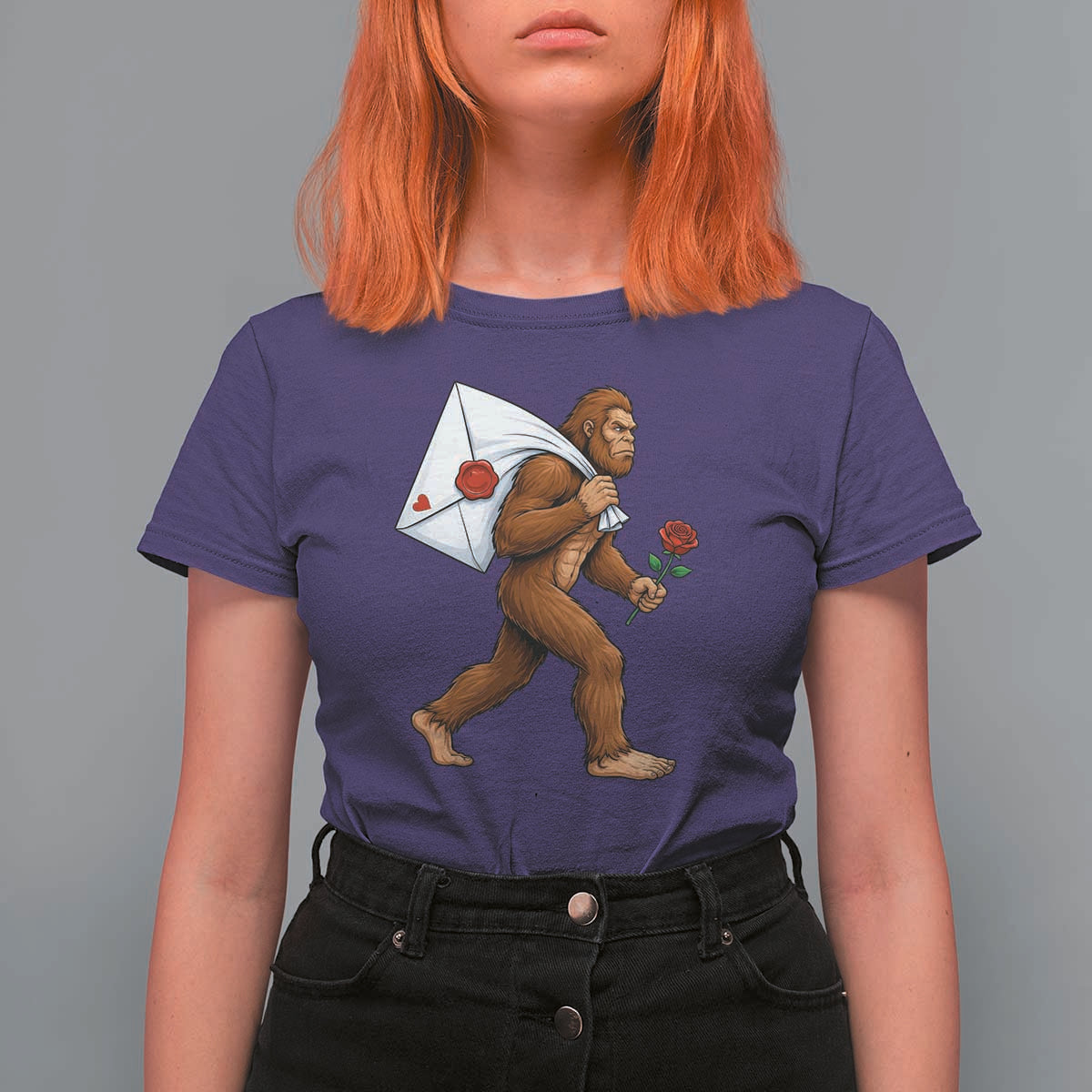 Funny Valentine Bigfoot with Heart Sack Bag T Shirt For Women Romantic Sasquatch Love Letter Valentines Day
