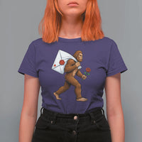 Funny Valentine Bigfoot with Heart Sack Bag T Shirt For Women Romantic Sasquatch Love Letter Valentines Day