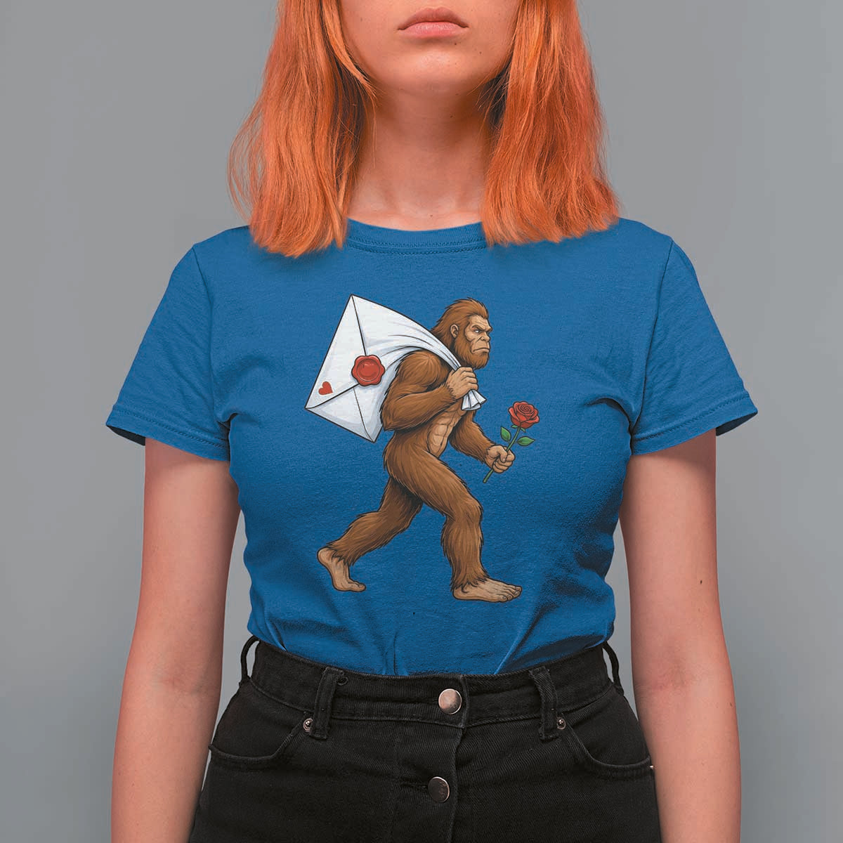 Funny Valentine Bigfoot with Heart Sack Bag T Shirt For Women Romantic Sasquatch Love Letter Valentines Day