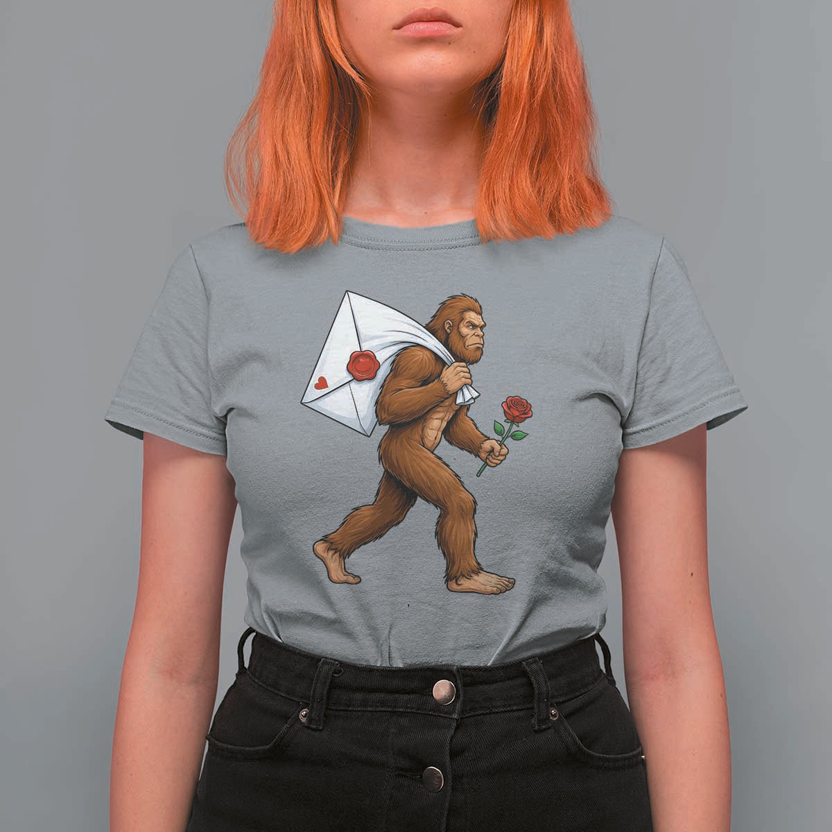Funny Valentine Bigfoot with Heart Sack Bag T Shirt For Women Romantic Sasquatch Love Letter Valentines Day