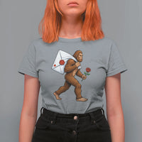 Funny Valentine Bigfoot with Heart Sack Bag T Shirt For Women Romantic Sasquatch Love Letter Valentines Day