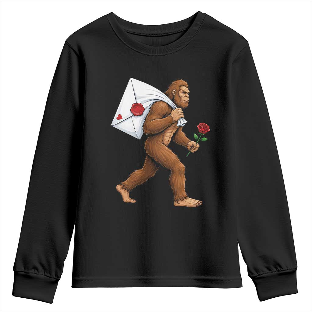 Funny Valentine Bigfoot with Heart Sack Bag Youth Sweatshirt Romantic Sasquatch Love Letter Valentines Day
