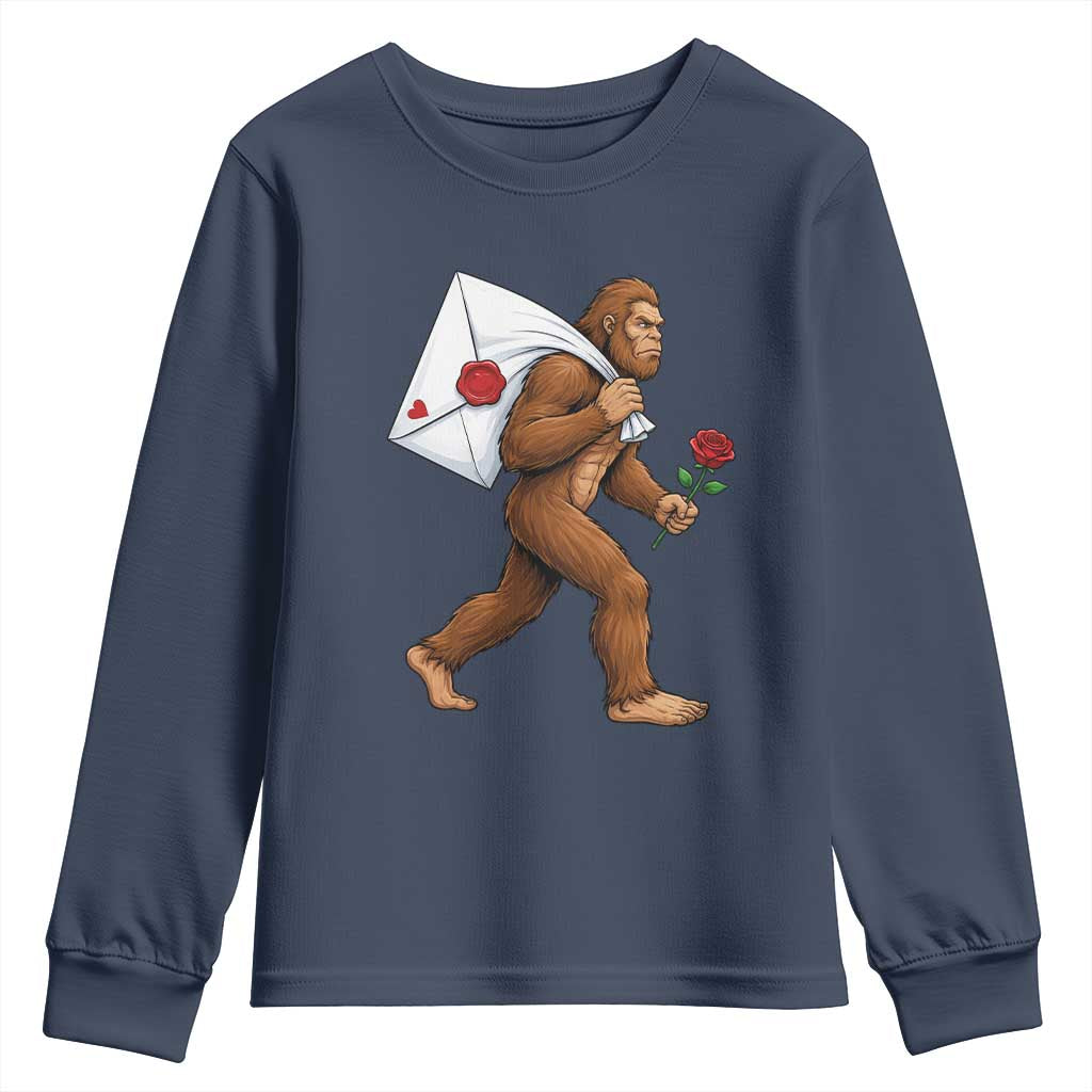 Funny Valentine Bigfoot with Heart Sack Bag Youth Sweatshirt Romantic Sasquatch Love Letter Valentines Day