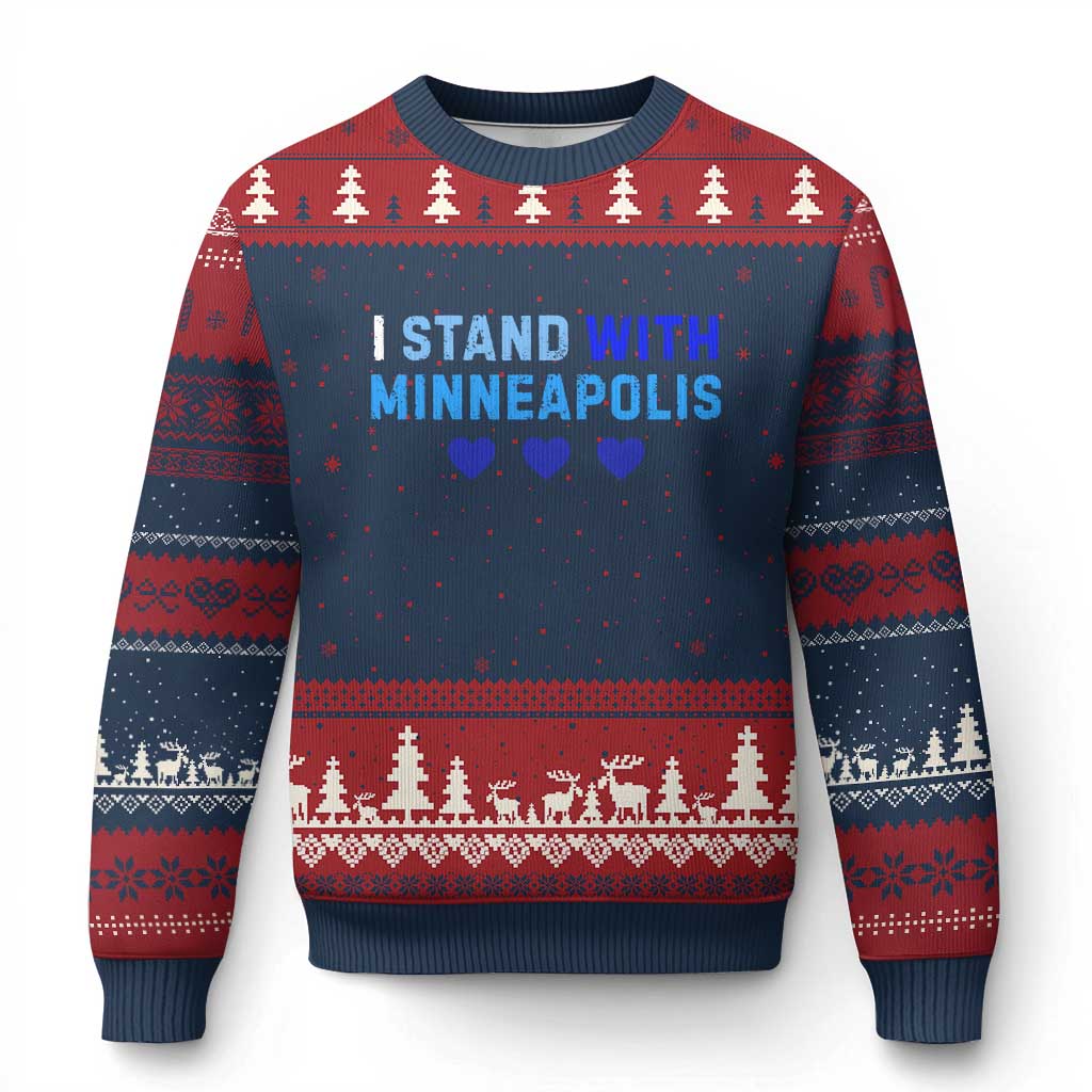 I Stand With Minneapolis Ugly Christmas Sweater Blue Heart Solidarity Support Minnesota Strong